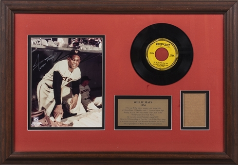 Willie Mays Signed Framed Photo Collage With "Say Hey" 45 Record and Original 1954 Bowman Card #89 (Beckett)